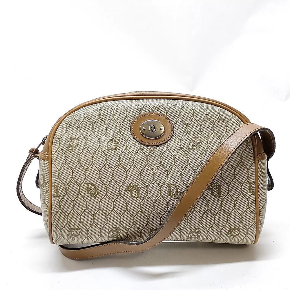 Christian Dior Beige & Brown Leather Trim Shoulder Bag